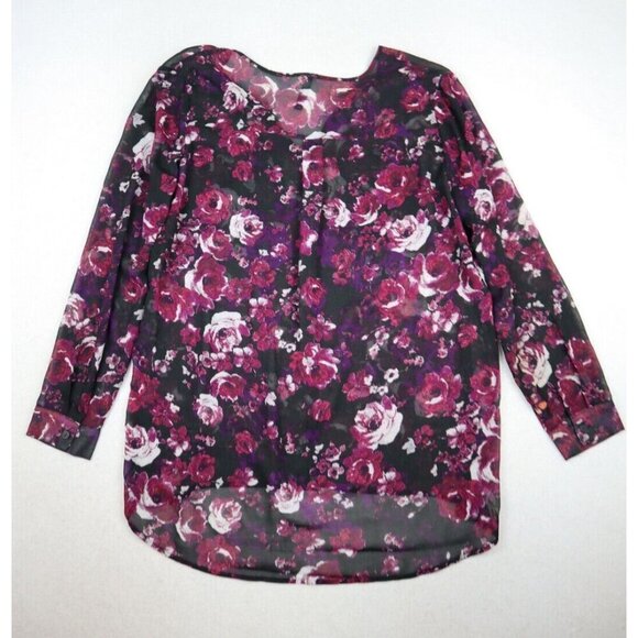 MASSINI - WOMEN'S BLACK & PURPLE SHEER PRINT LONG SLEEVE TUNIC TOP - SIZE L - Picture 7 of 9